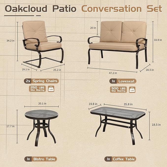 Oakcloud 5Pcs Metal Outdoor Furniture Patio Conversation Set (Loveseat, Coffee Table and Bistro Table, 2 Spring Chair) -Wrought Iron Patio Chair Set with Cushions (Brown)