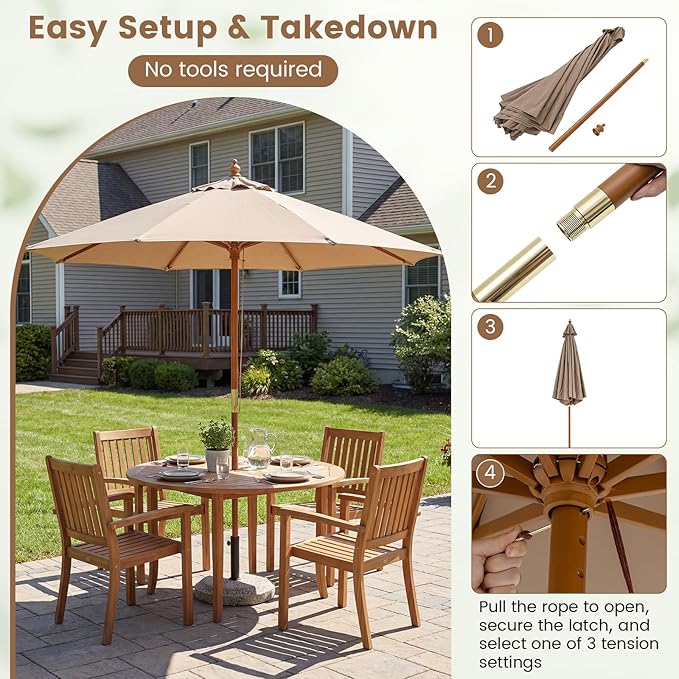 HAPPYGRILL 9 FT Patio Umbrella, Outdoor Table Market Umbrella with 8 Sturdy Bamboo Ribs, Wood Pole, Sun-Protective Double-Tier Canopy, Air Vent, Sunshade Parasol for Garden Deck Backyard Pool (Tan)
