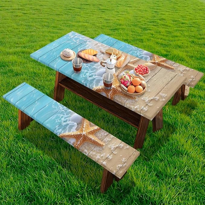 Starfish Picnic Table Cover with Bench Covers Lightweight Camping Essentials, Oil-Proof Waterproof 3PCS Tablecloth with Elastic, Fitted for Table 6FT Rectangle and Seats