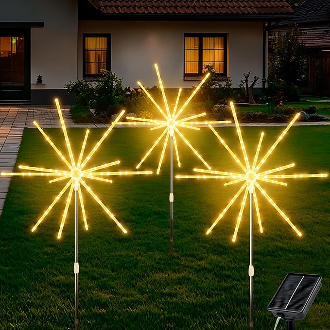 CCILAND Solar Firework Lights Outdoor, 3 Pack 336 LEDs Solar Starburst Garden Lights with Timer 8 Modes, Waterproof Decorative Lights for Yard Patio Walkway Pathway Party Wedding (Warm White)