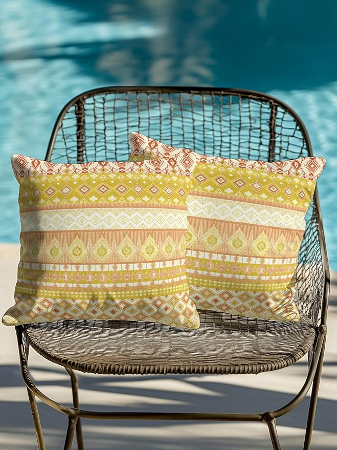 Waterproof Outdoor Pillow Set of 2 Yellow Bohemian Decorative Throw Pillows Cover & Insert 18x18 Inch Pillowcase Boho Style Floral Leaves Geometric Pillows for Couch Sofa Bed Patio Furniture