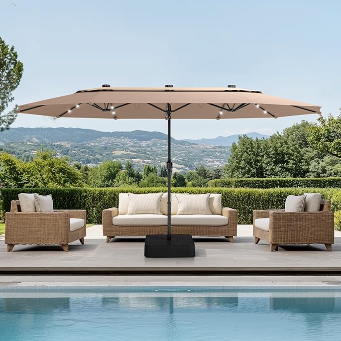 PHI VILLA 15ft 2-Tier Large Patio Umbrella with Solar Lights, Double-Sided Outdoor Market Rectangle Umbrellas with 36 LED Lights, Umbrella Base (Stand) Included, Beige&Tan