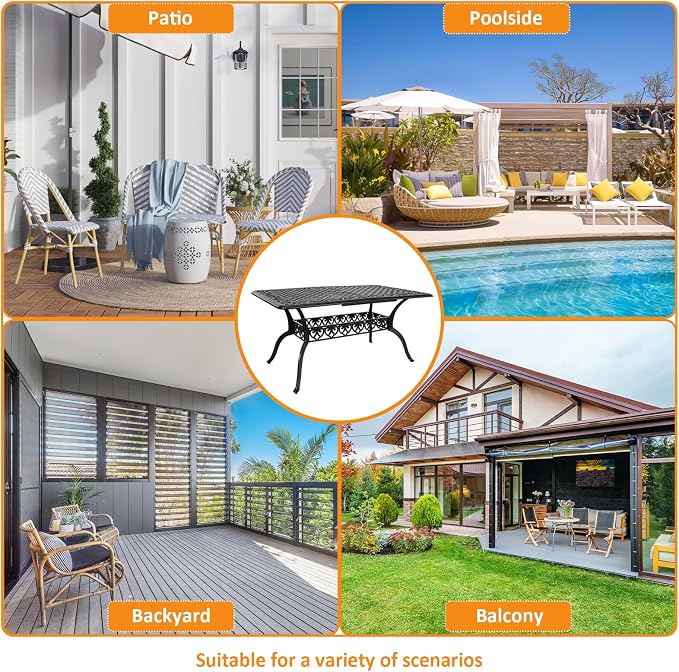 Patio Dining Table, Rectangular Outdoor Dining Table, 59" x 28.7" Rectangle Cast Aluminum Patio Table with Umbrella Hole for Backyards, Porch, Garden or Poolside