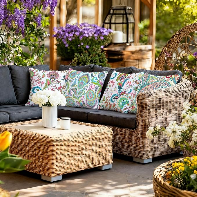 NIGHTWISH Outdoor Waterproof Pillow Covers 18x18 Set of 4 Spring Summer Floral Boho Decorative Outdoor Throw Pillows Paisley Cushion Cases for Patio Furniture Bench Couch Sunbrella