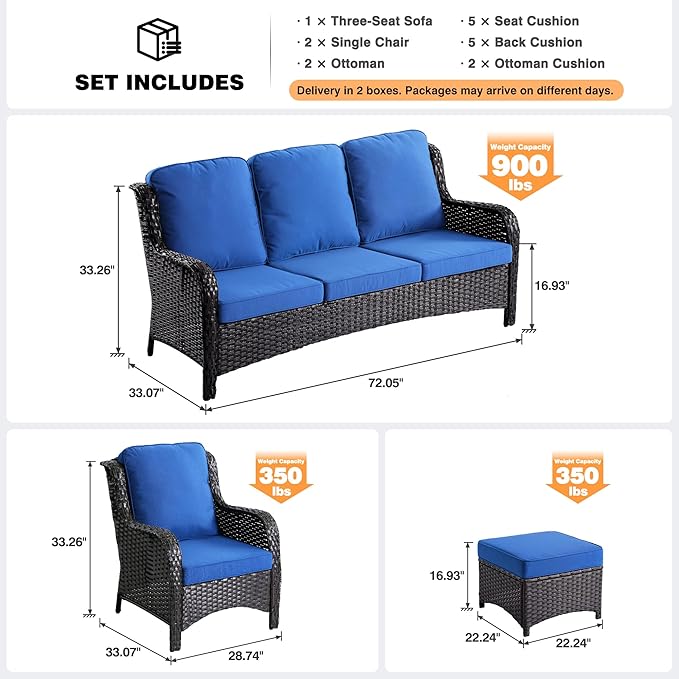 ovios 5-Pieces Patio Furniture Set, Outdoor Wicker Sofa Couch with Chairs Ottomans Comfy Cushions, All Weather High Back Modern Conversation Set, Brown Rattan, Navy Blue
