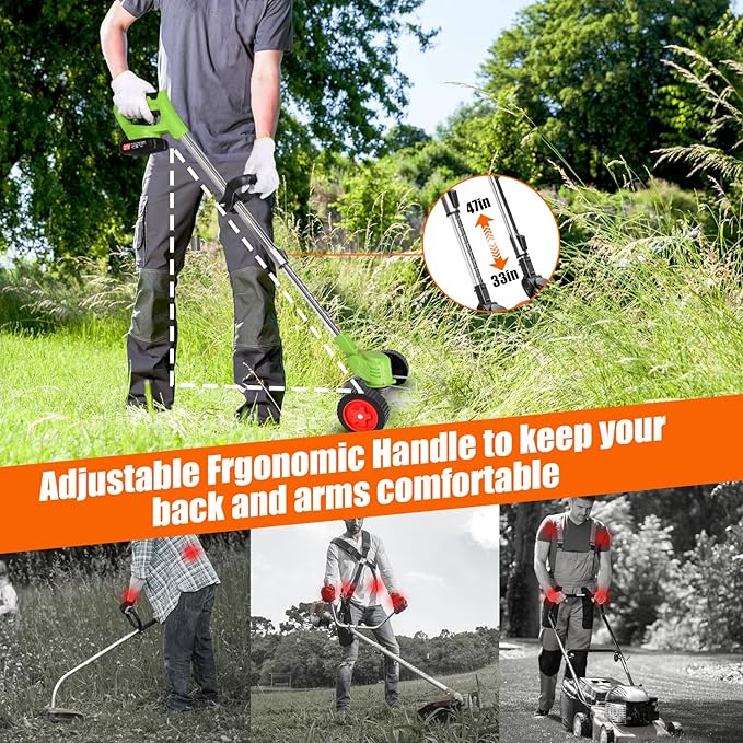 Electric Weed Wacker Cordless with Wheels, 2pcs Batteries&4 Types Blades,Lightweight, Low Noise Weed Trimmer 21V stringless Weed Wacker, Grass Trimmer/Brush Cutter/Edger, for Thick Weeds&Yard Garden