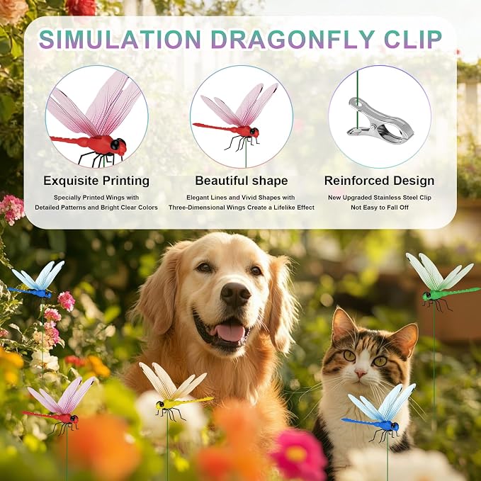 Dragon Fly Clips for Bugs Repe Llent - 3D Realistic Outdoor Indoor Dragonfly Ornaments with Clips for Hat, Plants, Patio, Porch, Lawn Decor (4)