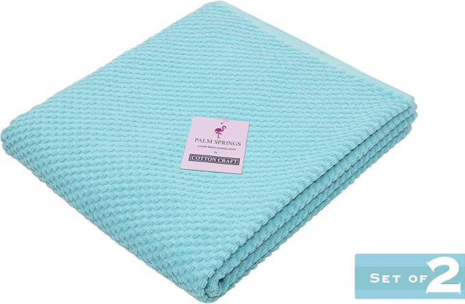COTTON CRAFT Pool Lounge Chair Cover - 2 Pack Euro Spa Waffle Weave Chaise Lounge Cover - 100% Cotton Ringspun Terry Towel - Beach Chair Cover - Oversized 32 in W x 82 in Length x 7 in Pocket – Blue