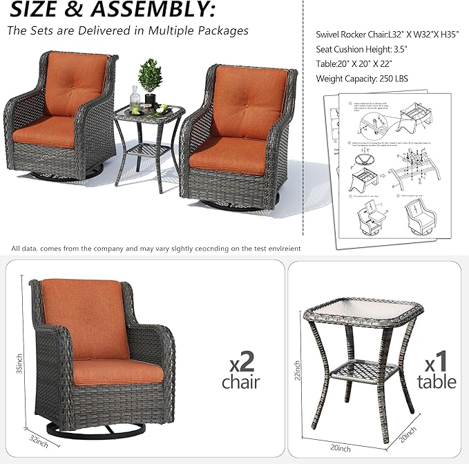 Outdoor Wicker Rocker Chairs Set of 3, High Back Patio Chairs Wicker Furniture Set, 2PCS Rattan Swivel Rocking Chair with Side Table(Mixed Grey/Orange)