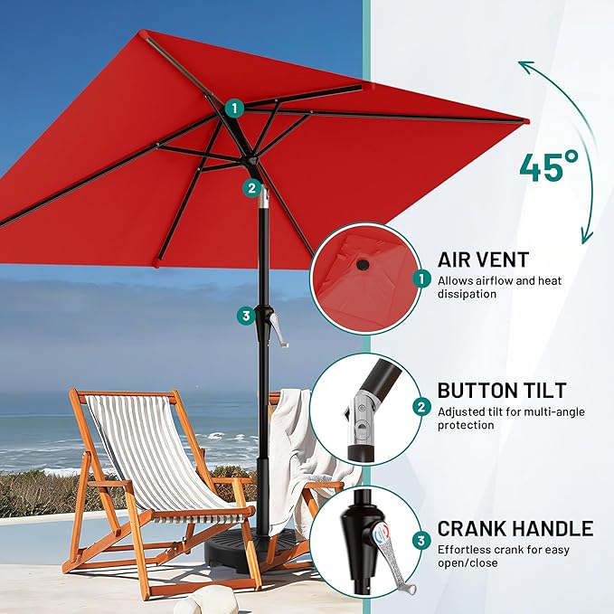 AreShark 6.5' x 10' Rectangular Patio Umbrellas for Outdoor, Outdoor Table Umbrella, Large Outdoor Patio Umbrellas with 6 Sturdy Ribs for Pool, Garden, Deck & Market (Red)