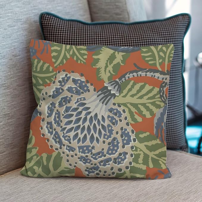 Pillow Cover Navy Blue Floral White Pillow Covers Modern Green and Orange Chinoiserie Pillow Cover Accent Farmhouse Decor Pillow for Patio Furniture Porch 16x16 in