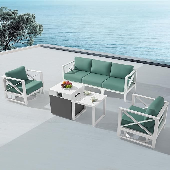 MBY 7-Piece Aluminum Patio Furniture Set with Fire Pit Table, Swivel Rocking Chairs & Oversized Sofa, All-Weather Outdoor Conversation Set for Backyard, Deck, Balcony – White