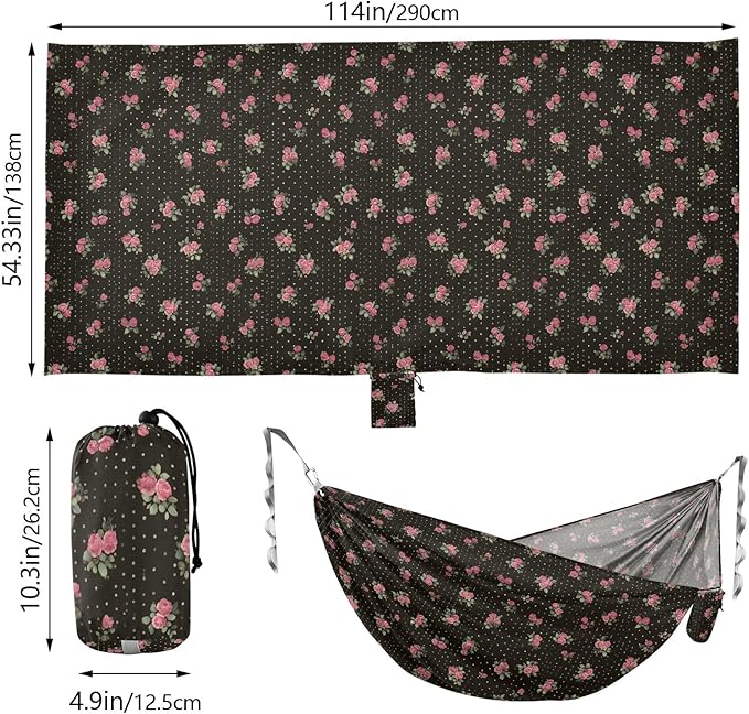 Camping Hammock Outdoor Hammocks for Outside Rose Dots Floral Black Beach Trees Portable Lightweight with Pockets Tree Straps Indoor