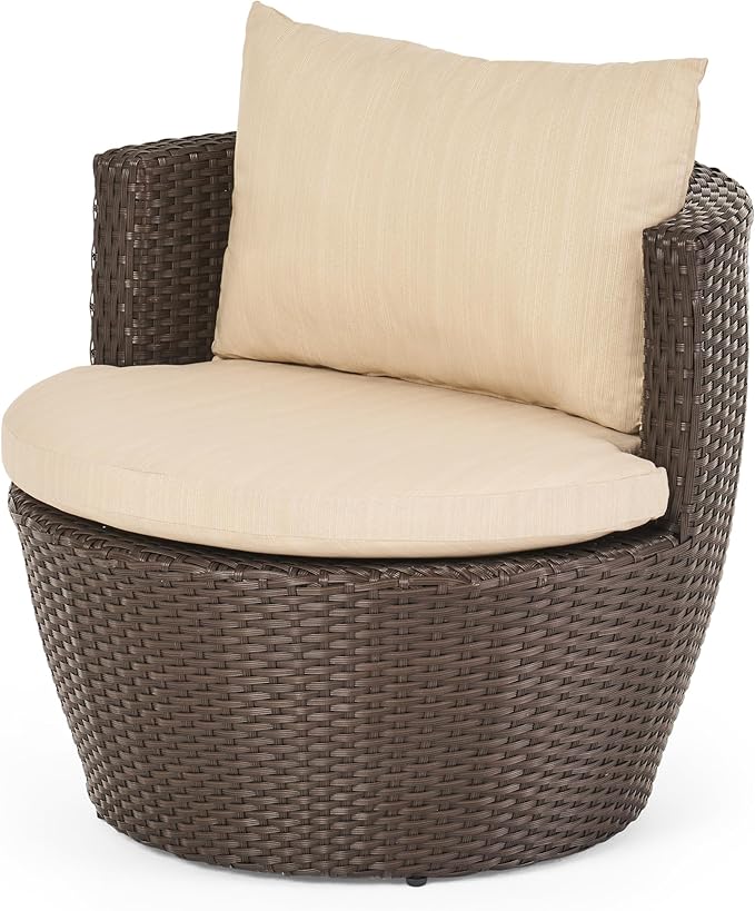 Merax Patio Furniture Set of 3, Outdoor PE Rattan Wicker Chairs with Cushion & Glass Coffee Table for Balcony Garden Front Porch, Patio Conversation Sets for 2, Sturdy Aluminum Frame, Brown+Beige