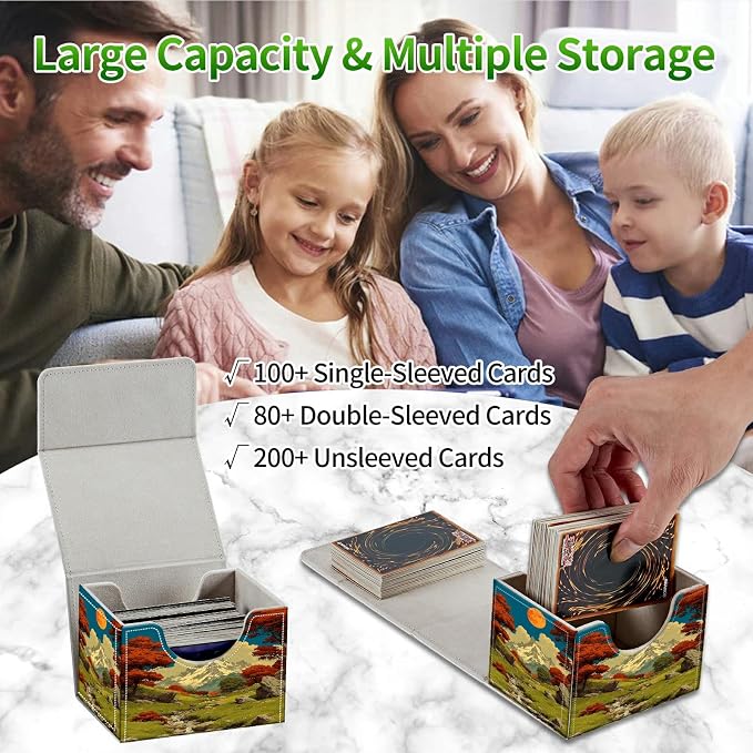Card Deck Box for MTG, Cards Storage Box Fits 120+ Sleeved, Leather Small Size Strong Magnetic Closing Card Case for Board Games Magic TCG CCG Baseball Collection, Snow Mountain Moon Brook
