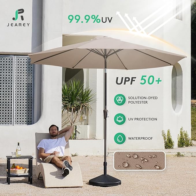 JEAREY 9FT Outdoor Patio Umbrella Outdoor Table Umbrella with Push Button Tilt and Crank, Market Umbrella 8 Sturdy Ribs UV Protection Waterproof for Pool, Garden (Tan)