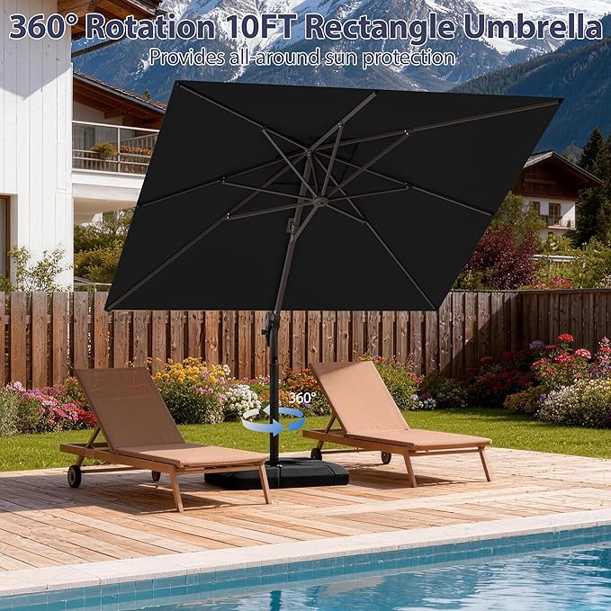 10' X 10' Patio Umbrella Cantilever Outdoor Rectangle Umbrella with Base Included, Heavy Duty 360°Rotation Offset Umbrella for Garden Deck Pool Patio, Black