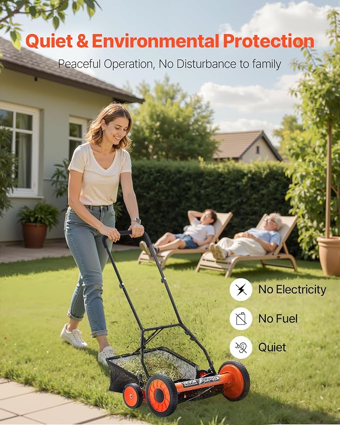 VEVOR Push Reel Lawn Mower 18 inch, 5 Blades Manual Push Mower No Motor, 1.37-2.44 in Adjustable Cutting Height, Walk-Behind Lawn Mowers with Grass Catcher Bag for Green Lawns, Driveways, Courtyards