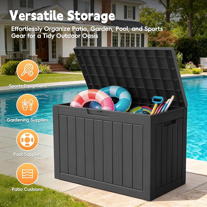 50 Gallon Outdoor Deck Box - Lockable Waterproof Storage Container, Resin Weatherproof Box for Patio Garden Furniture Pool Tools Cushions, Black