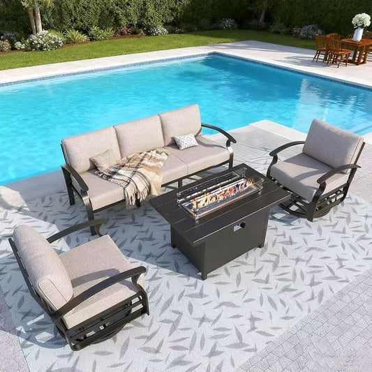 Gotland Aluminum Patio Furniture Set with Fire Pit Table, Metal Patio Furniture with 2 Swivel Rocking Chairs Waterproof 5.1'' Seat Cushions, Oversized Outdoor Sectional for Garden Balcony Porch Khaki