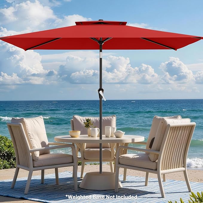 AreShark 6.5'x10' 2 Tiers Rectangular Patio Umbrella - Outdoor Umbrella Waterproof UV Protection, Market Table Umbrella w/Push Button Tilt for Pool, Lawn, Balcony(Red)