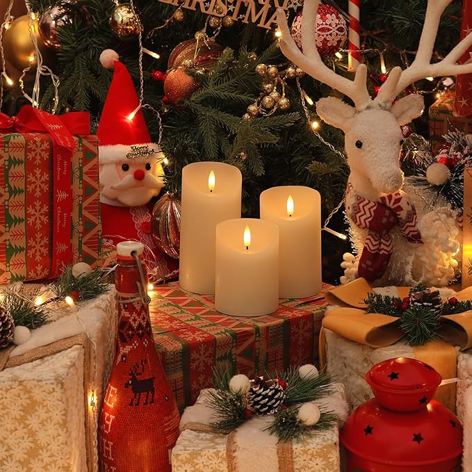 Flameless Candles with Remote, Real Wax Battery Operated Candles with Timer, 3D Wick Ivory Fake LED Candles for Christmas Gifts Home Decor Party Wedding, D3 x H4/5"/6", Set of 3