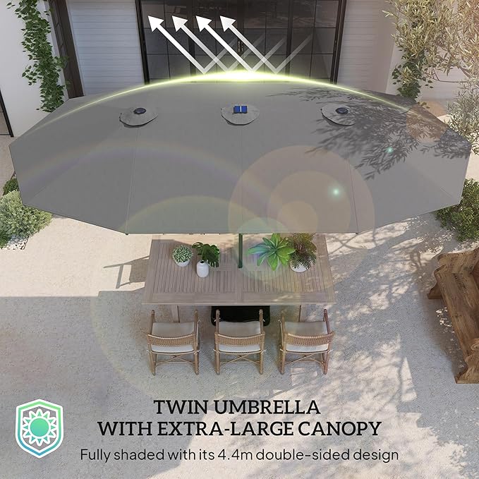Outsunny 14.4ft Large Patio Umbrella with 36 Solar LED Lights, Double Sided Outdoor Umbrella with Base Included