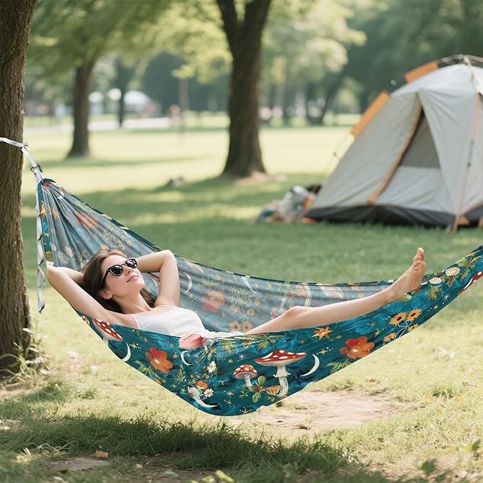 Camping Hammock Outdoor Hammocks for Outside Flowers Mushrooms Beach Trees Portable Lightweight with Pockets Tree Straps Indoor