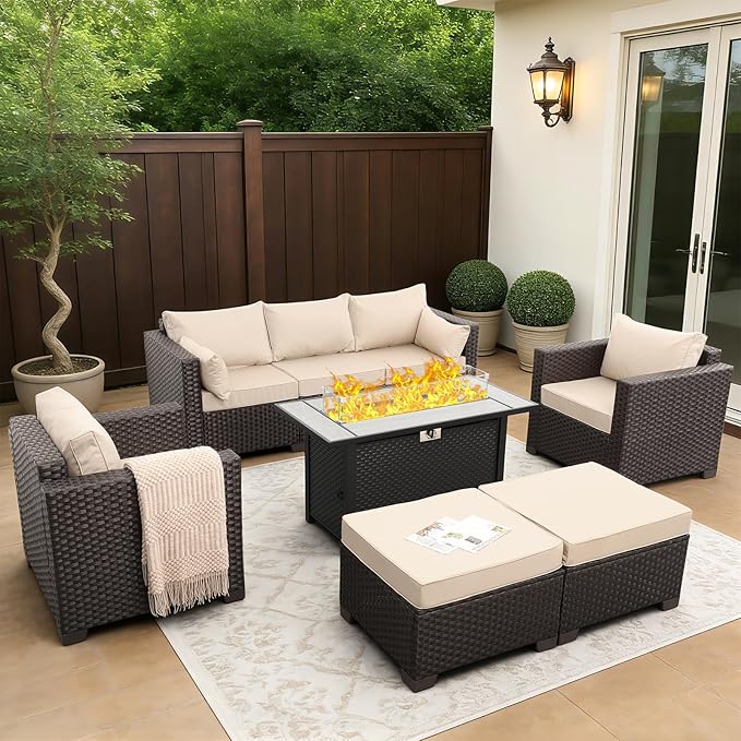 Patio Furniture Set 6-Piece Outdoor Furniture Set with 45'' Propane Gas Fire Pit Table Outdoor Conversation Set Wicker Sofa Set Non-Slip Cushions Waterproof Covers, Khaki