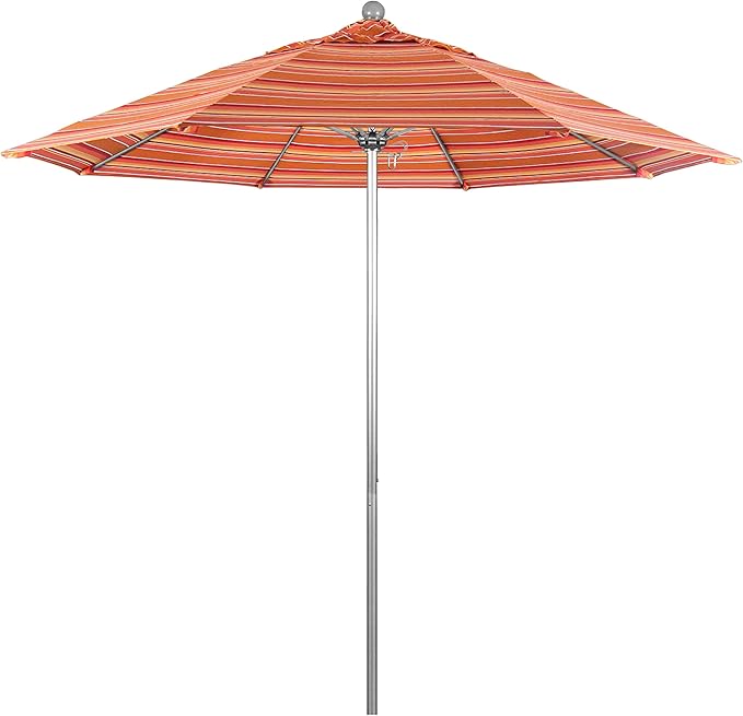 California Umbrella 9' Rd. Venture Series Contract Grade Patio Umbrella, Push Open Pin Stop, Silver Finish, Sunbrella Dolce Mango