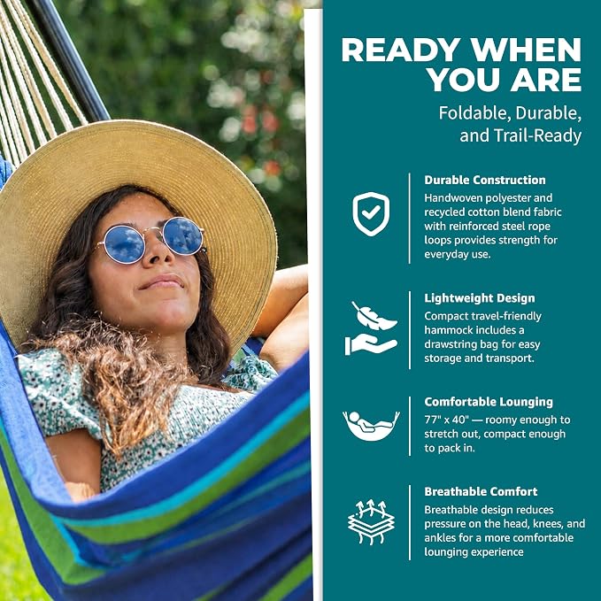 Bliss Hammocks 40" W Single Outdoor Hammock with Universal Multi-Loop Suspension with "S" Hooks, Durable, Cotton/Polyester, 220 Lbs Capacity, Seabreeze