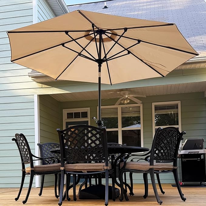 PURPLE LEAF 10' Round Patio Umbrella Outdoor Table Umbrella Aluminum Frame Market Umbrella Sun Umbrella with 8 Sturdy Ribs & Tilt for Garden Deck Lawn & Pool Beige
