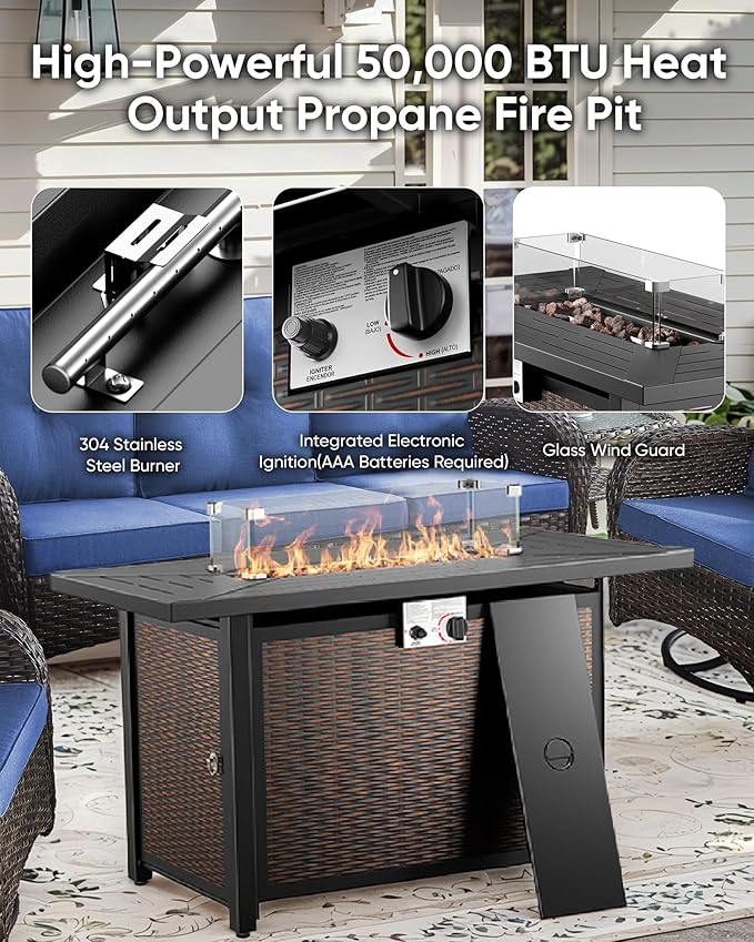 5 Pieces Patio Furniture Set with Fire Pit Table-All Weather Rattan Wicker Outdoor Couch with Outdoor Swivel Chair Outdoor Furniture for Deck Porch Garden Balcony Poolside-Brown/Blue