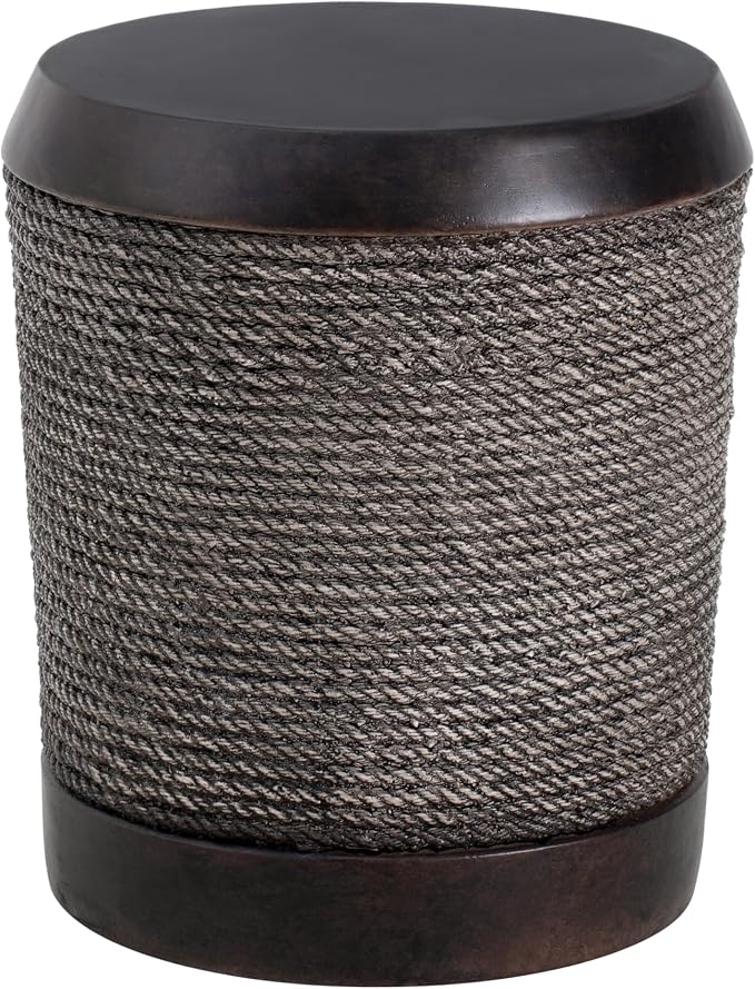 Round Outdoor Side Table MGO Concrete End Table with Simulated Braided Rope Texture, Fully Assembled Cylindrical Accent Side Tables for Patio, Balcony, Living Room, Garden,Vintage Dark Brown