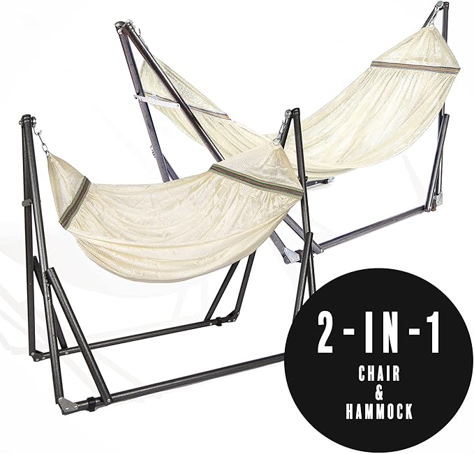 2 in 1 Hammock and Swinging Chair with Collapsible Steel Stand 450 lbs Capacity- Carrying Case, Portable & Adjustable, Perfect for Camping Beach Summer Patio, EZ Daze Foldable Hammock with Stand-IVORY