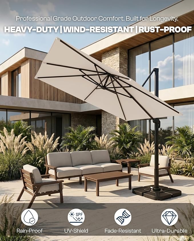 9x9 FT Square Cantilever Umbrella,Easy Tilt, Fade Resistant & 360° Rotation, Offset for Pool Deck Backyard Patiooff-white (Base not Included)