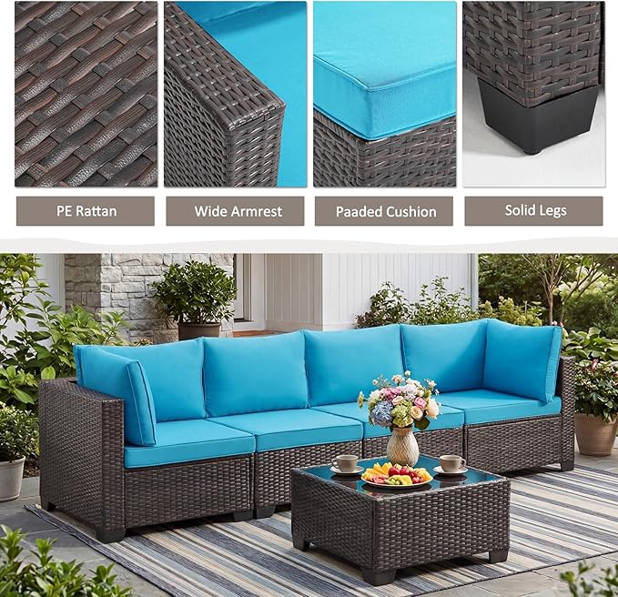 ANJ 5 Piece Outdoor Wicker Patio Furniture Set, Modular Loveseat Sofa with with Glass Top Coffee Table, All-Weather Rattan Conversation Couch Set for Balcony, Backyard, Dark Brown Wicker-Turquoise