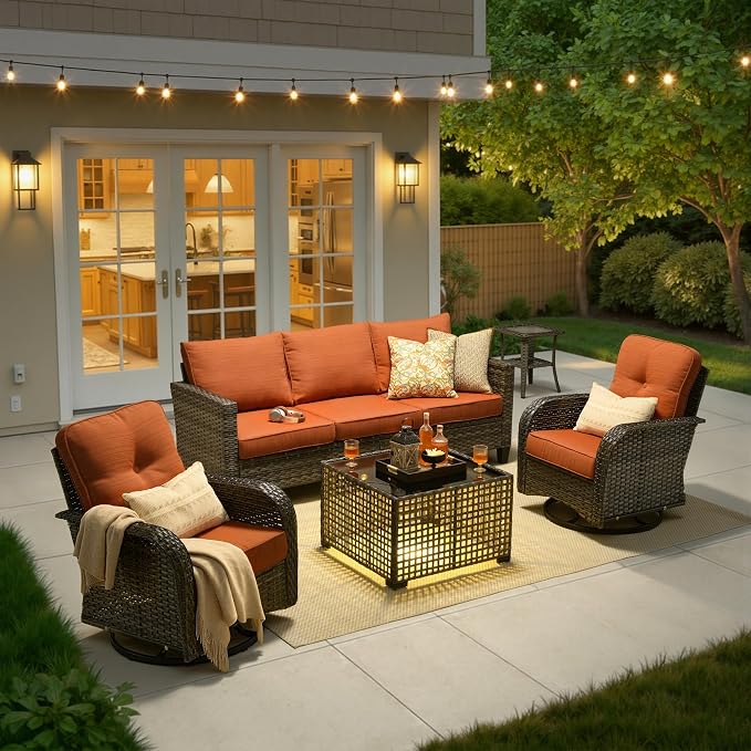 5 Piece Wicker Patio Furniture with Swivel Rocker Chair, Orange | High Back Swivel Rocker Chairs, All Weather Rattan Outdoor Sofa, Solar Lights Table, Modern Conversation Sets, Deck Backyard
