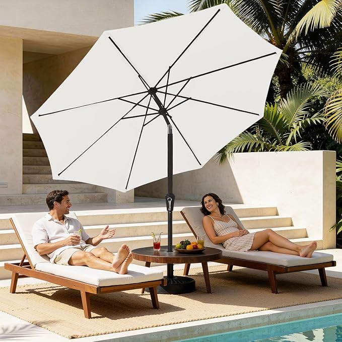 MEWAY 9ft Patio Umbrella Outdoor Table Umbrellas with Push Button Tilt and Crank, Market Umbrella 8 Sturdy Ribs for Deck, Garden, Pool and Backyard, Creamy-white
