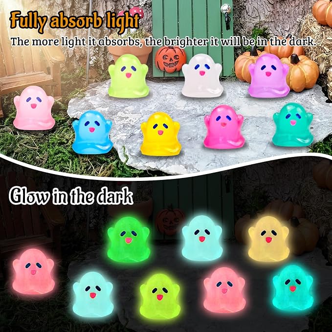 80 Pcs Halloween Luminous Mini Resin Ghost Figures Miniature Figurines | Tiny Little Plastic Ghost Statues Glow in the Dark, Halloween Vase Filler Micro Landscape Fairy Garden Party Decor