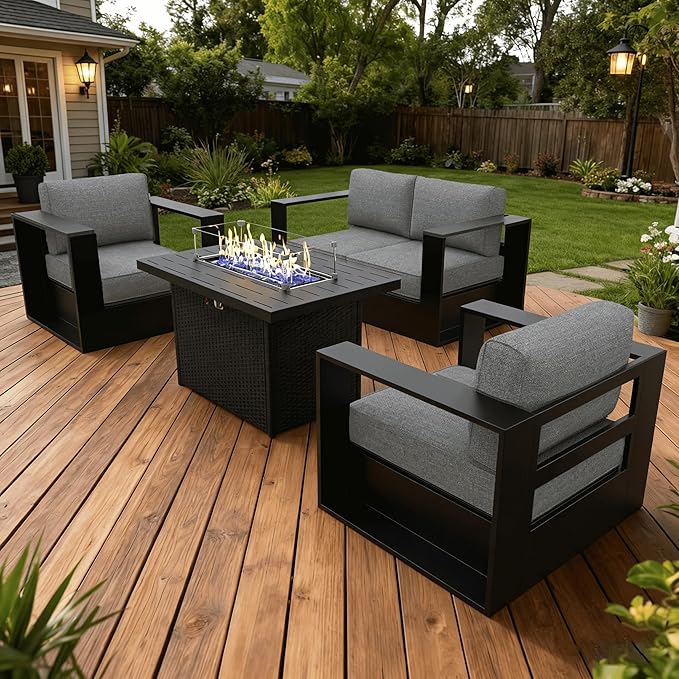 LayinSun Oversized Aluminum Outdoor Furniture Set, 4 Piece Patio Sofa Sets with Fire Pit Table, Deep Seating and Upgraded 6-inch Cushions for Porch, Balcony, Deck