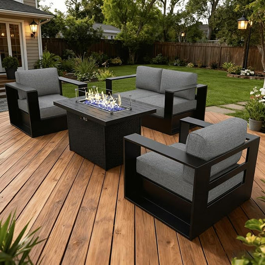 LayinSun Oversized Aluminum Outdoor Furniture Set, 4 Piece Patio Sofa Sets with Fire Pit Table, Deep Seating and Upgraded 6-inch Cushions for Porch, Balcony, Deck