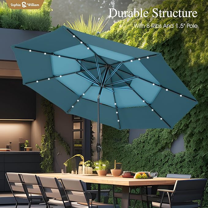 Sophia & William 10ft Patio Umbrellas 3-Tier Umbrella Outdoor Patio Umbrellas with Lights Vented Top 24 LED lights Adjustable Tilt for Pool Garden Backyard, Mixed Peacock