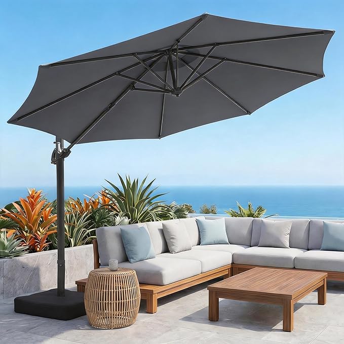 OLILAWN 10FT Outdoor Patio Umbrella with Base Included, Cantilever Offset Umbrella with Heavy-Duty Frame, 360° Rotation & Infinite Tilt, UV-Resistant Water-Repellent Shade for Patio, Poolside, Backyard, Tan Grey
