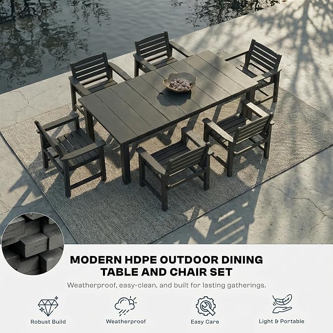 9-Piece Outdoor Dining Set for 8, 75.2" HDPE Table with Umbrella Hole & 8 Chairs, All-Weather Patio Furniture for Lawn, Yard, Deck, or Poolside, Fade & Crack Resistant (Black)