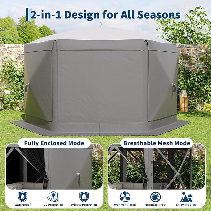 GarveeLife 13x13FT 6-Sided Pop Up Canopy Tent，One-Push Setup Canopy Tent with Removable Canopy Top & Wind Cloths, Outdoor shelter for Camping, Backyard Parties, Outdoor Events - Grey