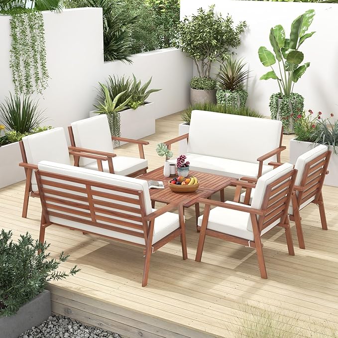 Tangkula 4 Piece Outdoor Conversation Set, Acacia Wood Sofa Set with Soft Seat & Back Cushions, Rectangle Coffee Table Patio Wood Furniture Set for Backyard, Poolside, Garden (2, Off White)