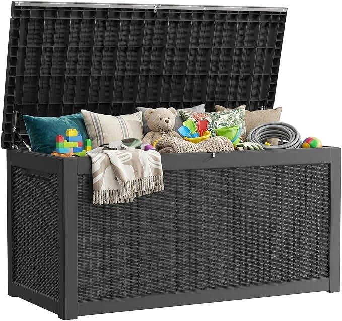 TARKARI 320 Gallon Outdoor Storage Box Waterproof, Resin Deck Boxes with Lockable Lid & UV-Resistant for Patio, Pool, Garden Furniture Cushions & Accessories, Black