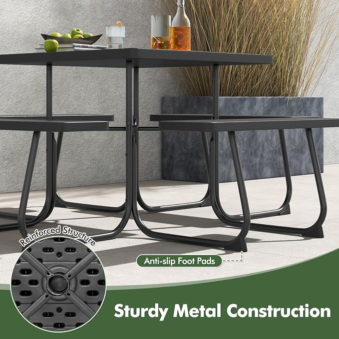 HAPPYGRILL 4-8 Person Square Picnic Table Bench Set with Umbrella Hole, Outdoor Camping Table with HDPE Material and Sturdy Metal Frame for Patio, Garden and Backyard, Black