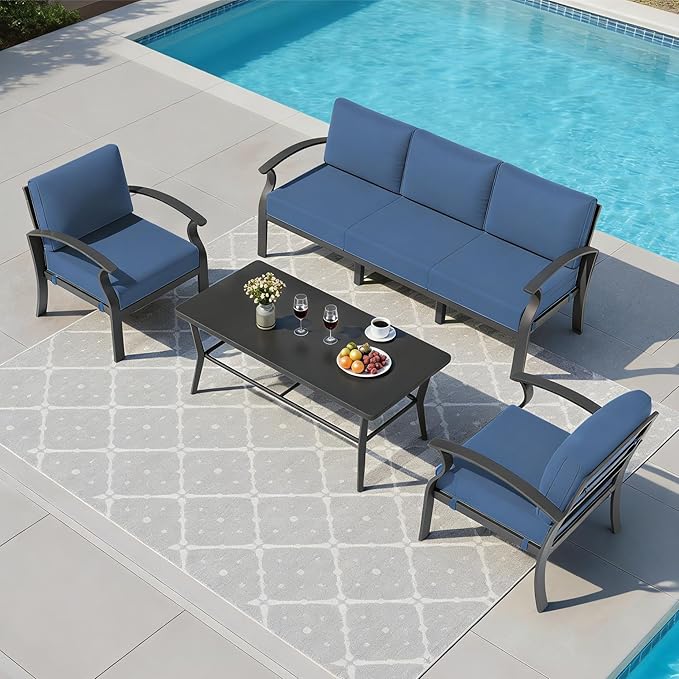 Aluminum Outdoor Patio Furniture Set,5 Seats Patio Conversation Sets with Rectangular Coffee Table,Metal Patio Sectional Furniture Set with 5.1" Thickened Cushions,Navy Blue